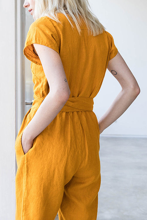 Linen V Neck Wrap Jumpsuits - Fashionpara