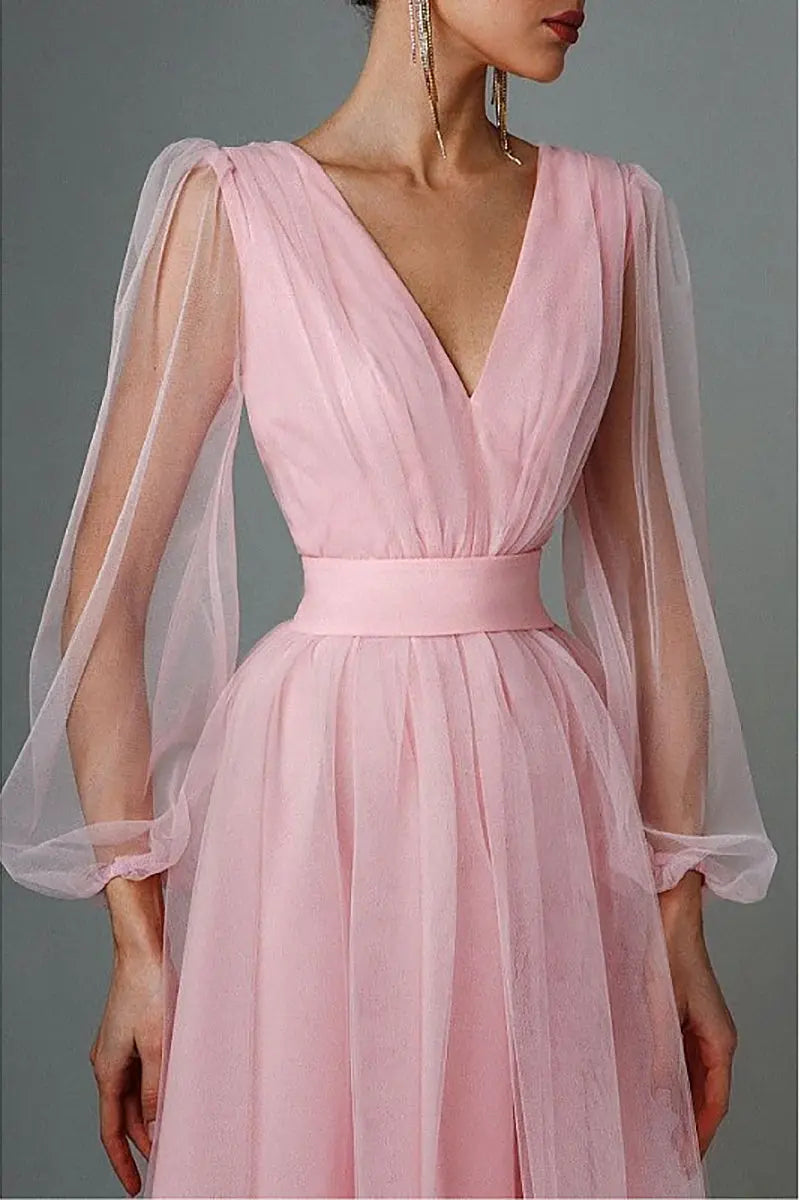 V Neck Tulle Long Sleeve Midi Dress - Fashionpara