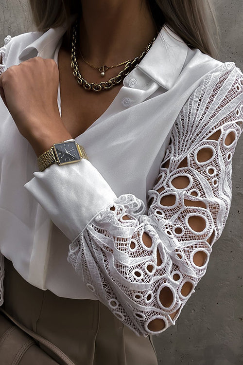 Hollow Lace Turndown Collar Blouse - Fashionpara