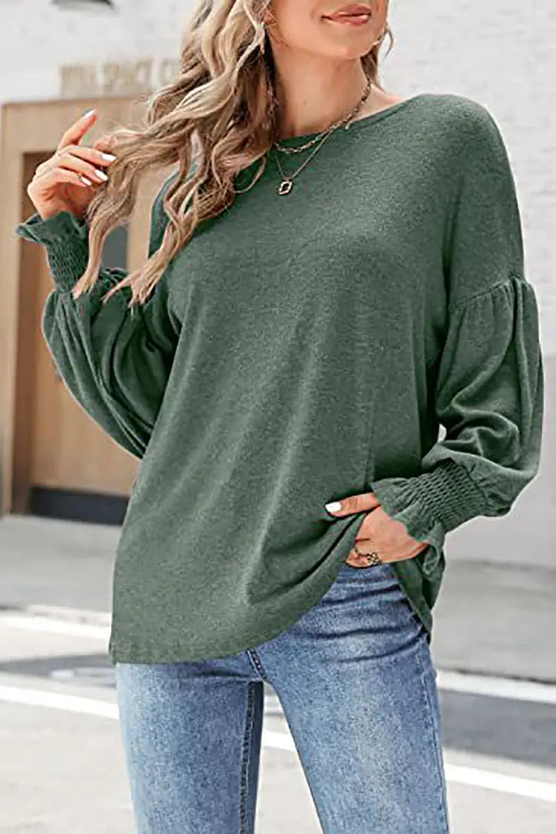 Cuff Sleeve O Neck Blouse - Fashionpara