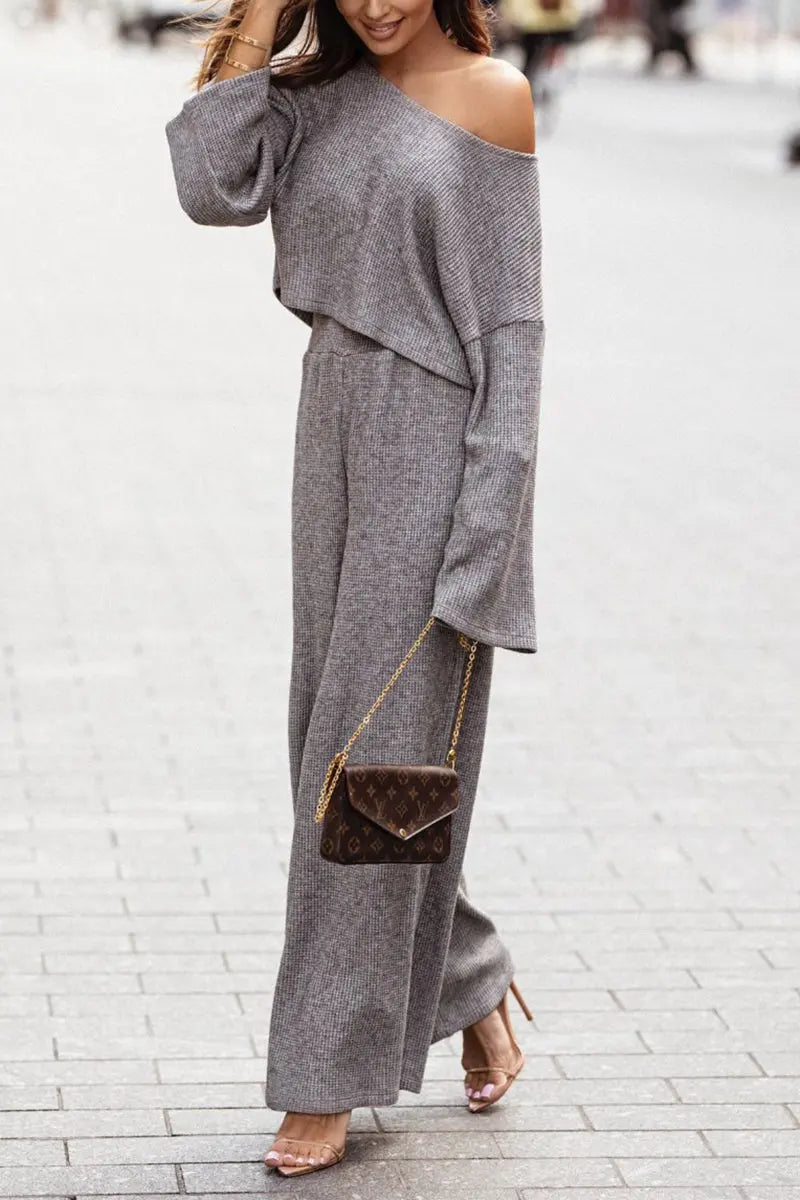 Dew Shoulder Crop Top Pants Set - Fashionpara