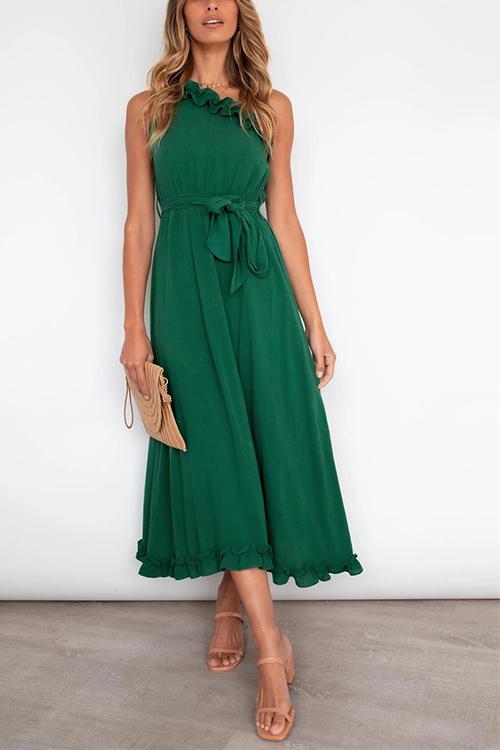 Ruffles One Shoulder Belted Maxi Dress - Fashionpara