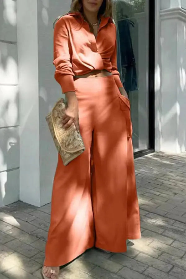 Button Cross Wrap Blouse Wide Leg Pants Set - Fashionpara