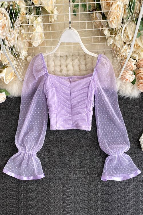 Mesh Puff Sleeve Crop Top - Fashionpara