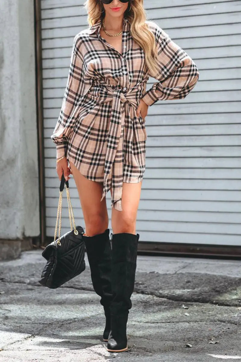 Plaid Tie Front Mini Shirt Dress - Fashionpara
