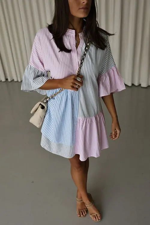 Stripe Color Block Half Button Mini Dress - Fashionpara