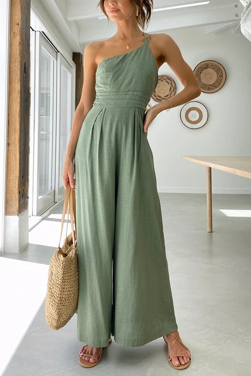 One Shoulder Straps Wide Leg Jumpsuits - Fashionpara