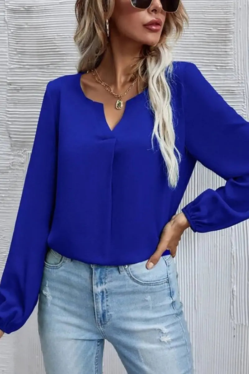 V Neck Long Sleeve Blouse - Fashionpara