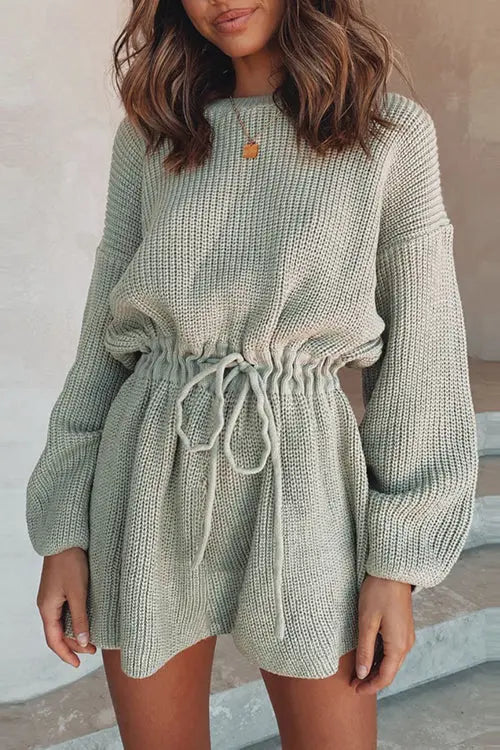 O Neck Puff Long Drawstring Sweater Romper - Fashionpara