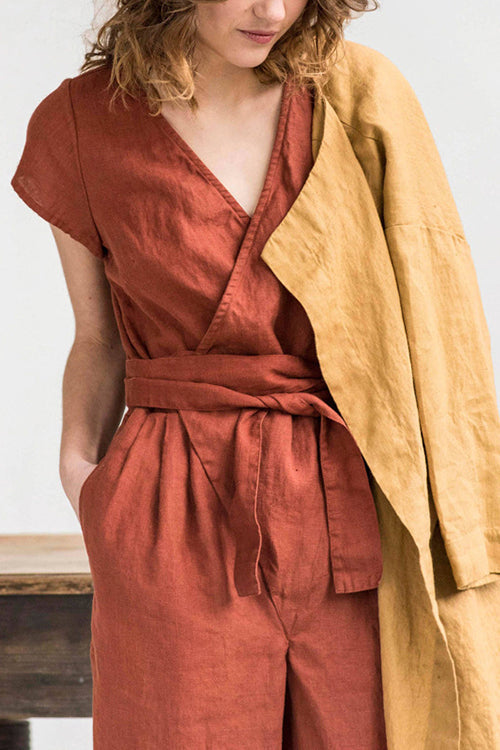 Linen V Neck Wrap Jumpsuits - Fashionpara