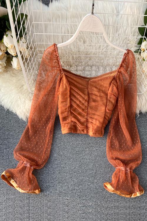 Mesh Puff Sleeve Crop Top - Fashionpara