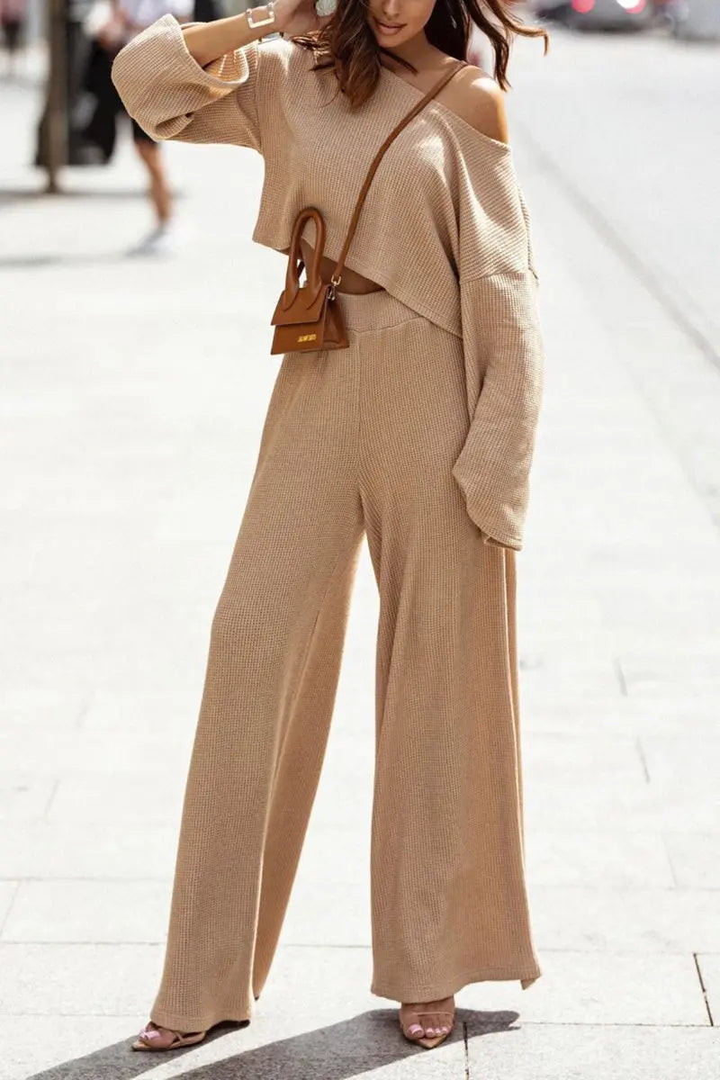 Dew Shoulder Crop Top Pants Set - Fashionpara