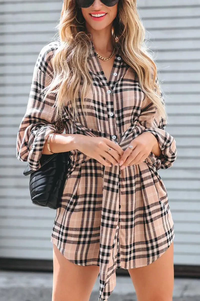 Plaid Tie Front Mini Shirt Dress - Fashionpara