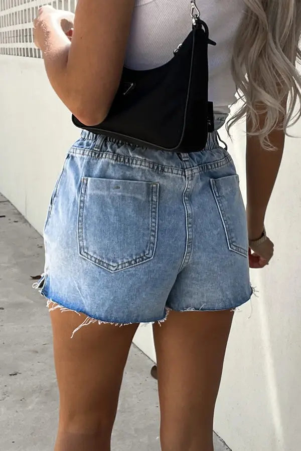 Sundays At The Market Cuffed Denim Paperbag Shorts - Fashionpara