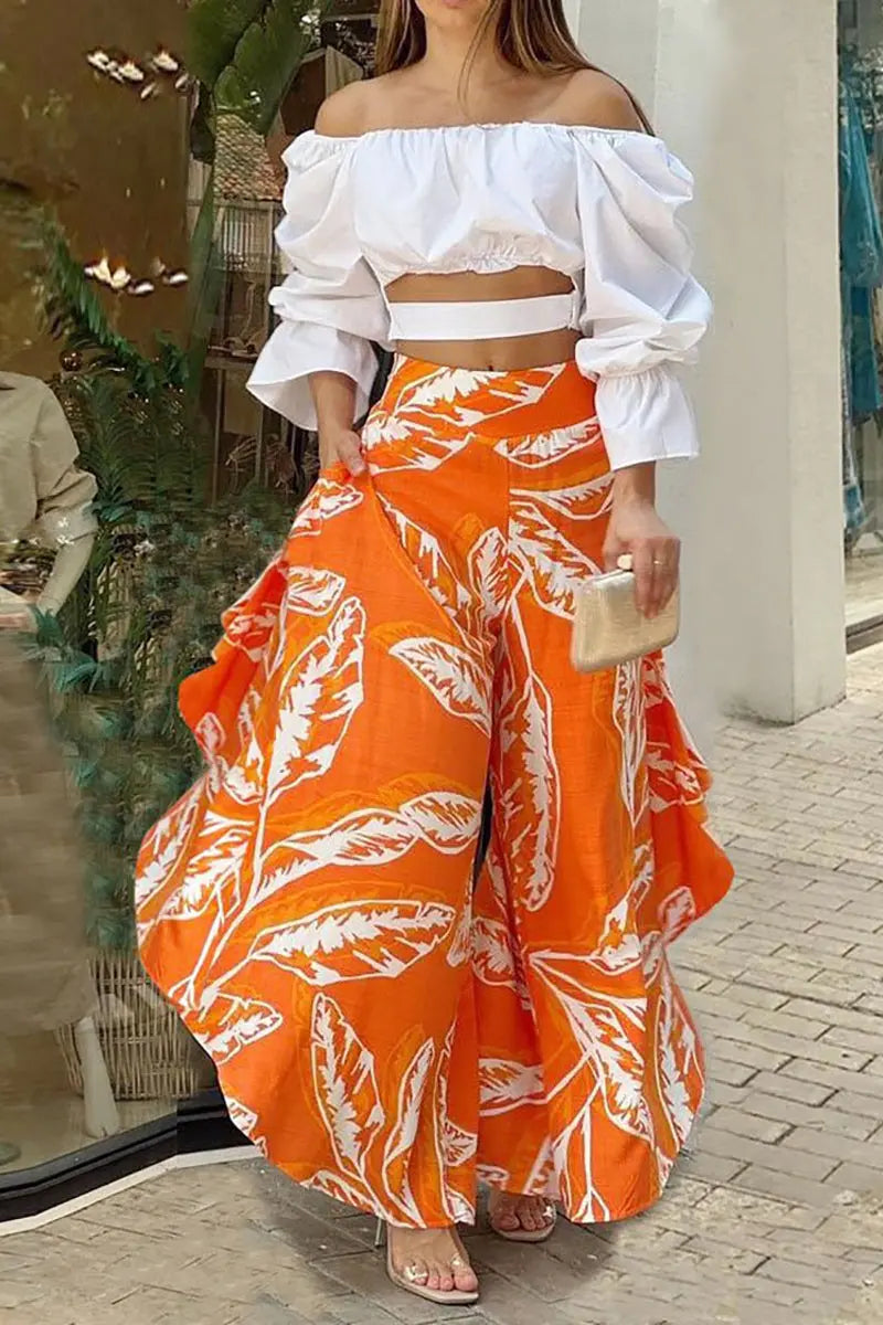 Off Shoulder Crop Top Wide Leg Pants Set - Fashionpara
