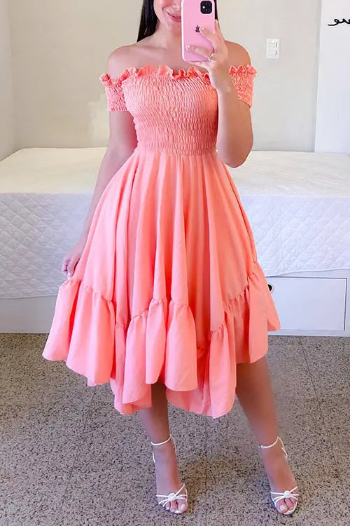 Shirred Bodice Off Shoulder Flap Asymmetric Dress - Fashionpara