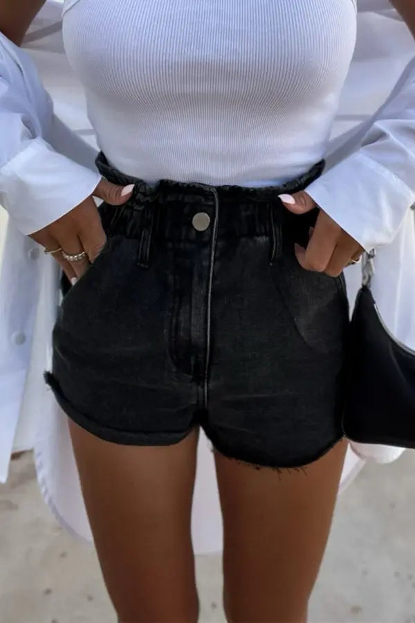 Sundays At The Market Cuffed Denim Paperbag Shorts - Fashionpara