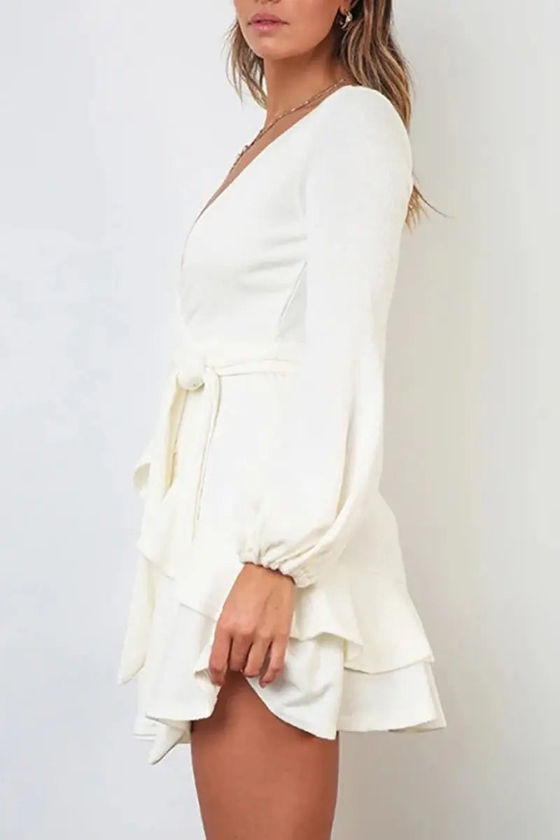 Long Sleeve Ruffle Wrap Knit Dress - Fashionpara