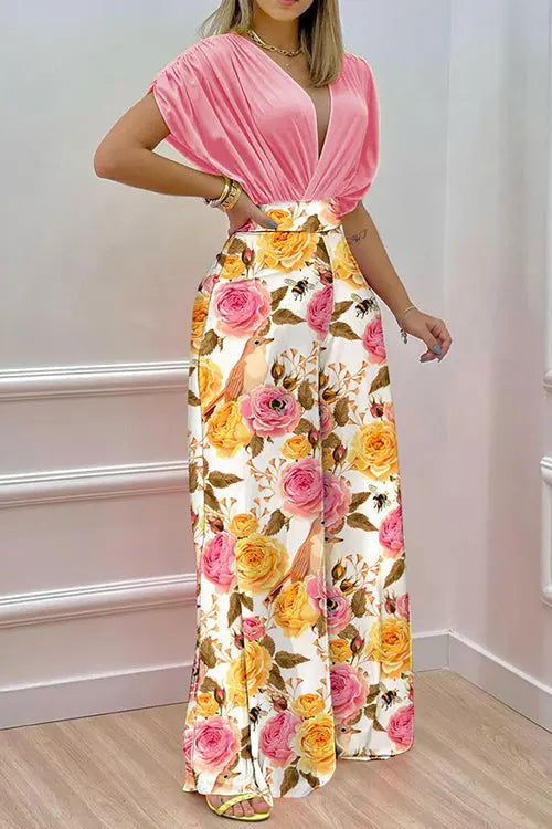 V Neck Bat Blouse Print Wide Leg Pants Set - Fashionpara