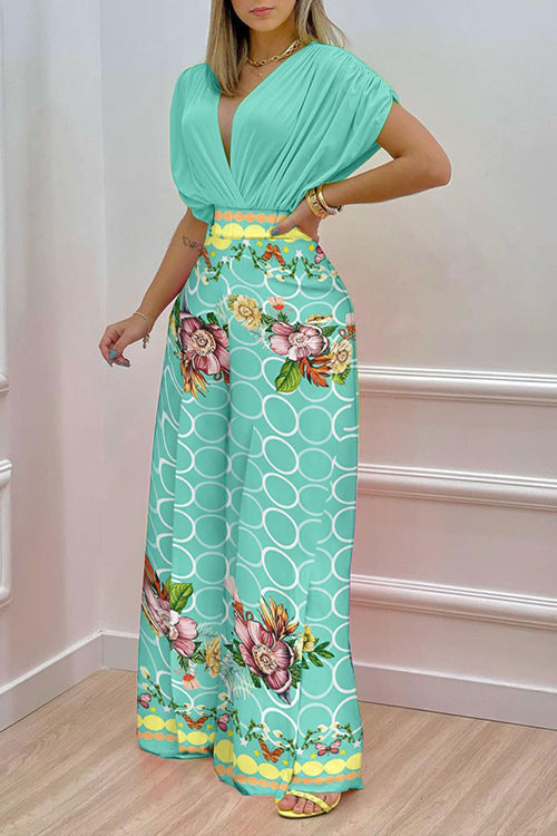 V Neck Bat Blouse Print Wide Leg Pants Set - Fashionpara