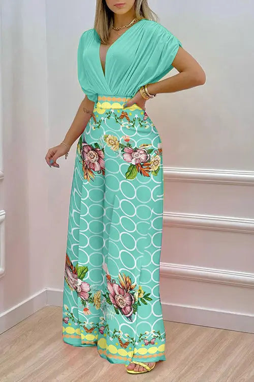 V Neck Bat Blouse Print Wide Leg Pants Set - Fashionpara
