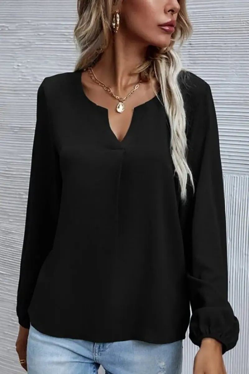 V Neck Long Sleeve Blouse - Fashionpara