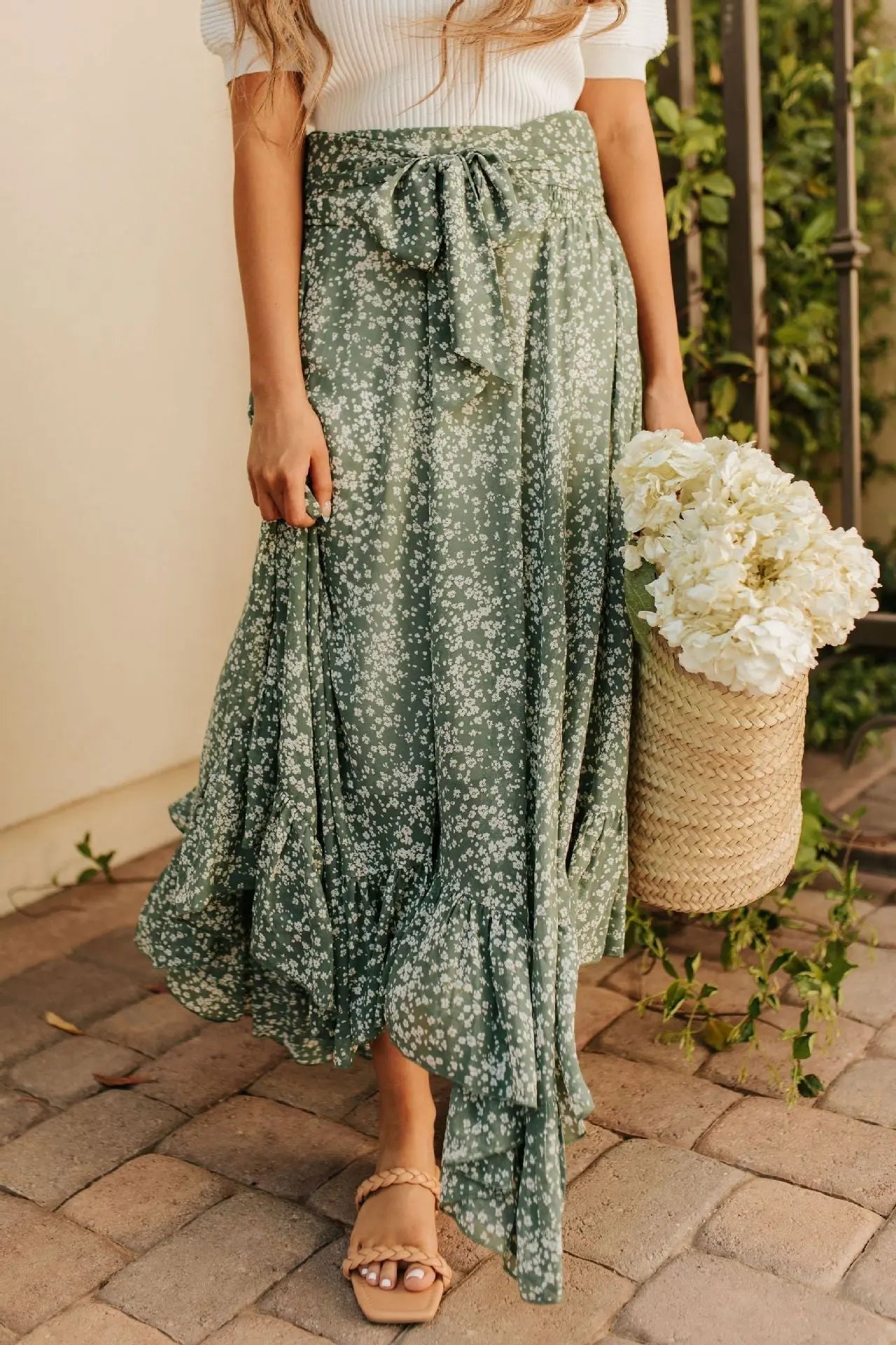 Floral Asymmetric Flounce Belted Maxi Skirt - Fashionpara