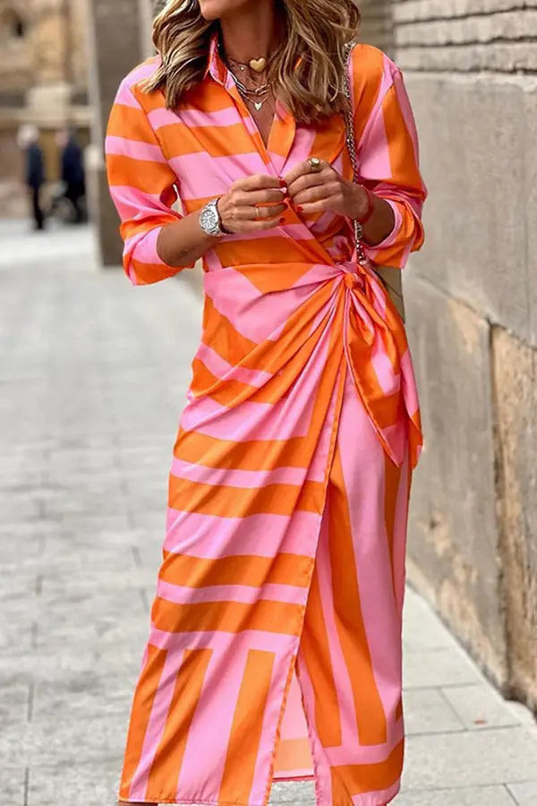 Stripe Knot Shirt Collat Midi Wrap Dress - Fashionpara