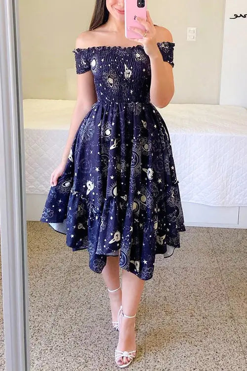 Shirred Bodice Off Shoulder Flap Asymmetric Dress - Fashionpara