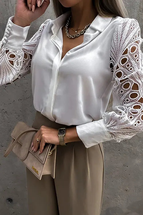 Hollow Lace Turndown Collar Blouse - Fashionpara