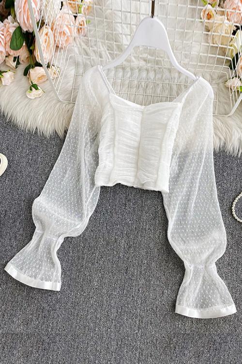 Mesh Puff Sleeve Crop Top - Fashionpara