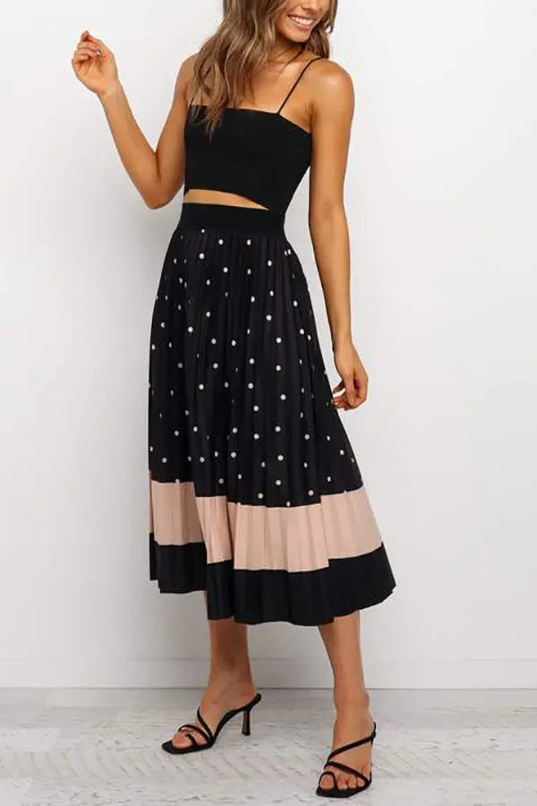 Polka Dot Color Block Pleated Midi Dress - Fashionpara