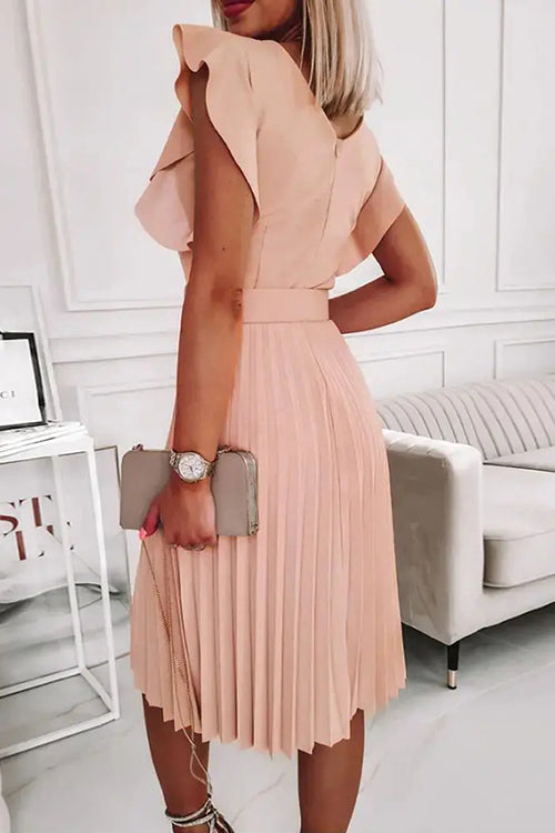 Ruffles O Neck Pleated Midi Dress - Fashionpara