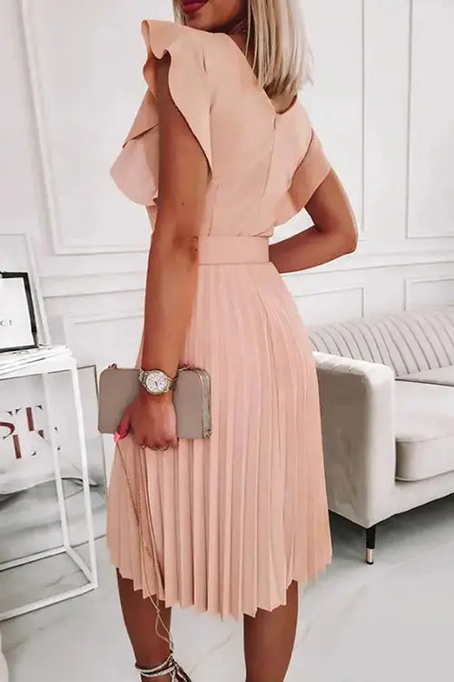 Ruffles O Neck Pleated Midi Dress - Fashionpara