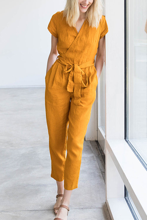 Linen V Neck Wrap Jumpsuits - Fashionpara