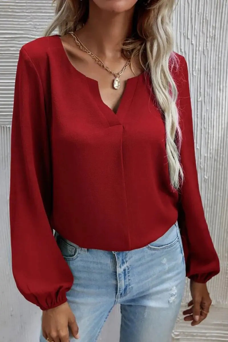 V Neck Long Sleeve Blouse - Fashionpara