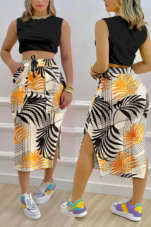 Crop Tank Top & Split Hem Skirt Set - Fashionpara