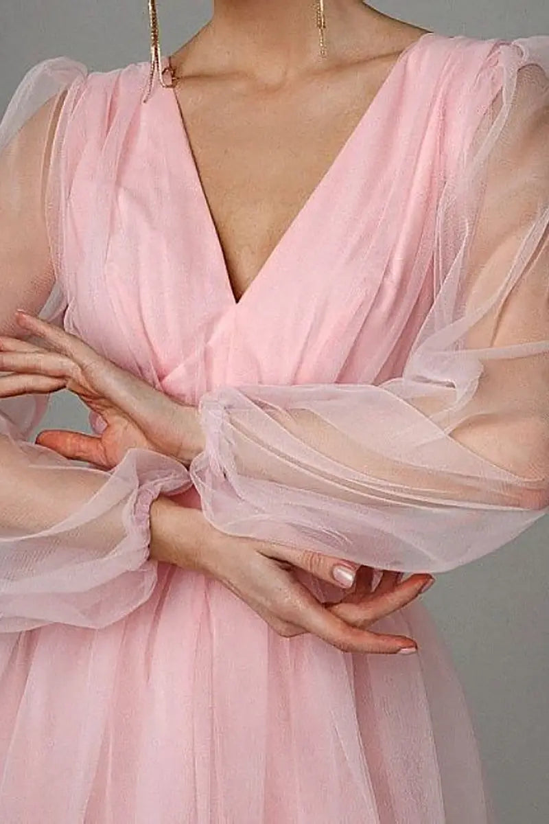 V Neck Tulle Long Sleeve Midi Dress - Fashionpara