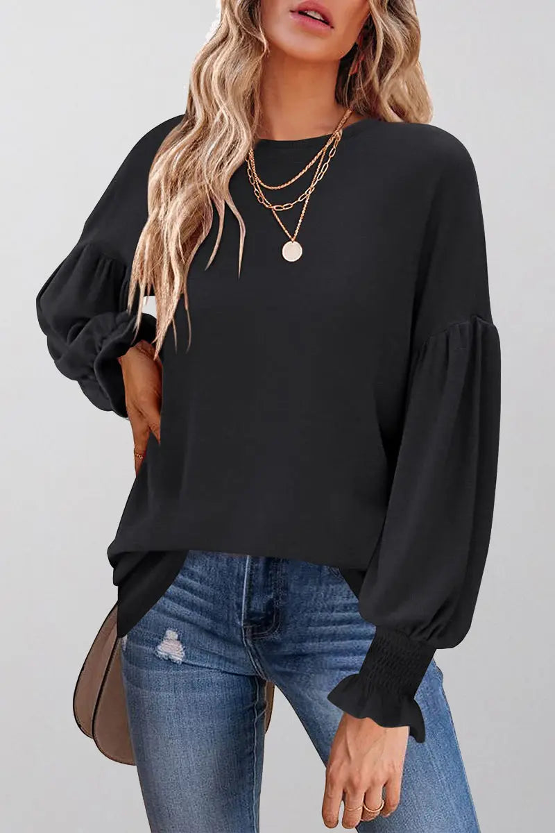 Cuff Sleeve O Neck Blouse - Fashionpara