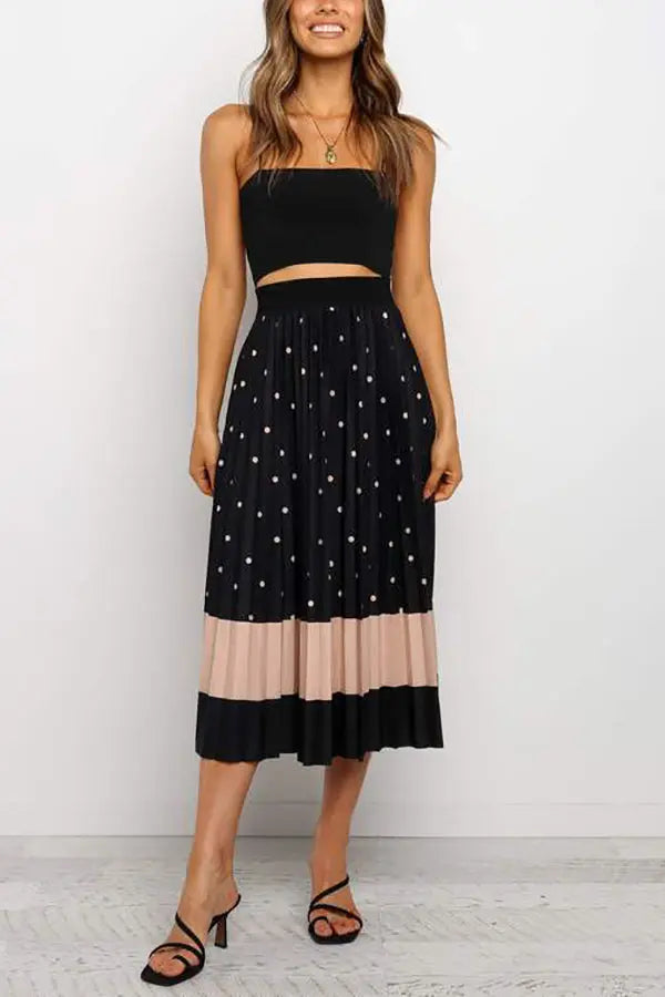 Polka Dot Color Block Pleated Midi Dress - Fashionpara