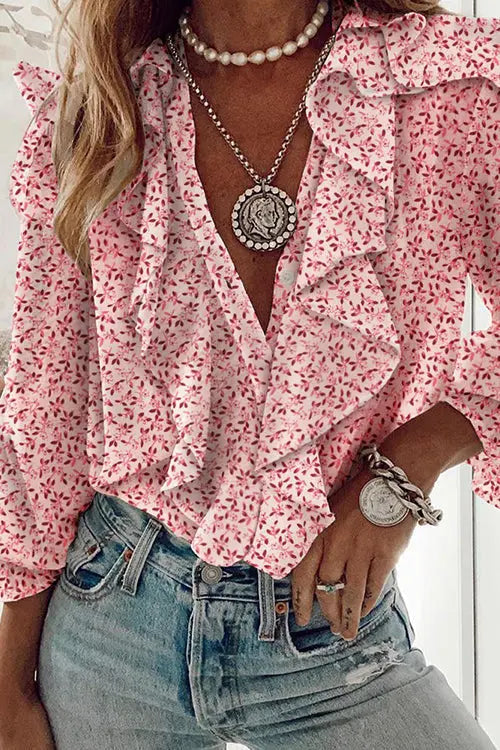 Ruffles Button V Neck Blouse - Fashionpara