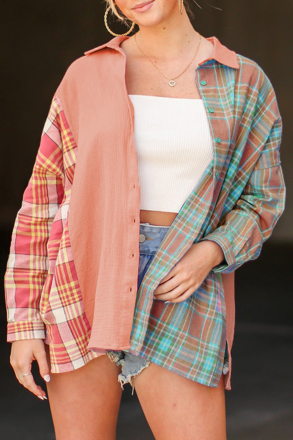 Late Goodbye Plaid Contrast Color Block Top - Fashionpara