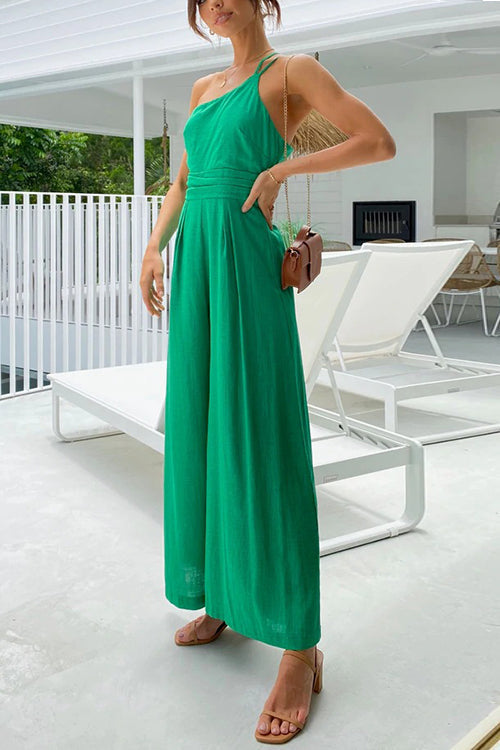 One Shoulder Straps Wide Leg Jumpsuits - Fashionpara
