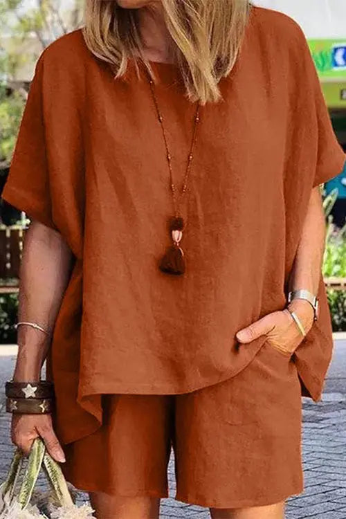 Solid Short Sleeve Blouse Shorts Set - Fashionpara