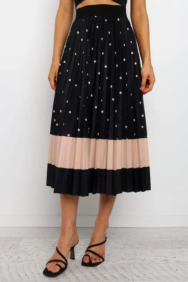 Polka Dot Color Block Pleated Midi Dress - Fashionpara