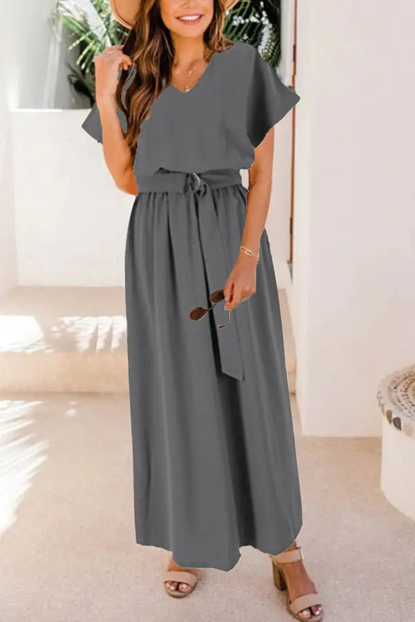 V Neck Belted Maxi Dress - Fashionpara