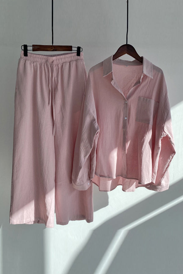 Button Blouse Wide Leg Pants Set - Fashionpara