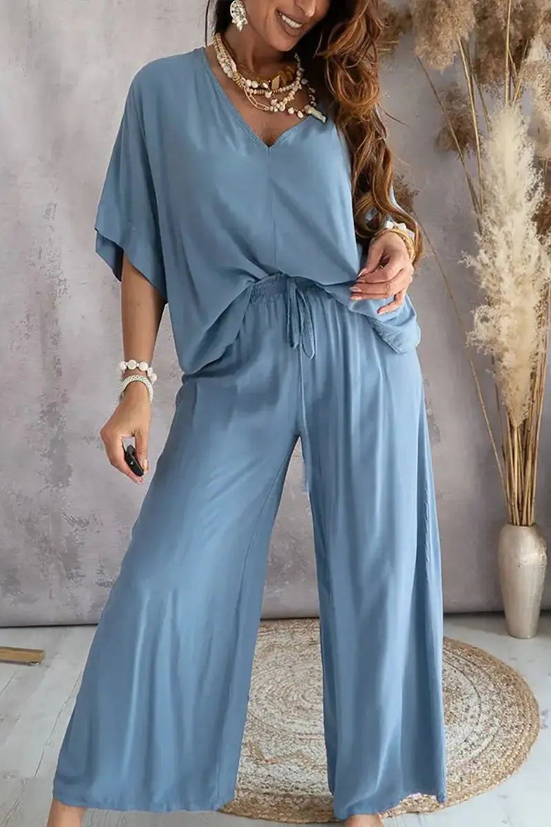 V Neck Bat Blouse Pants Set - Fashionpara