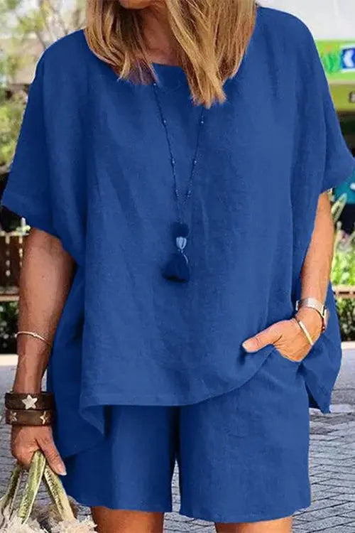 Solid Short Sleeve Blouse Shorts Set - Fashionpara