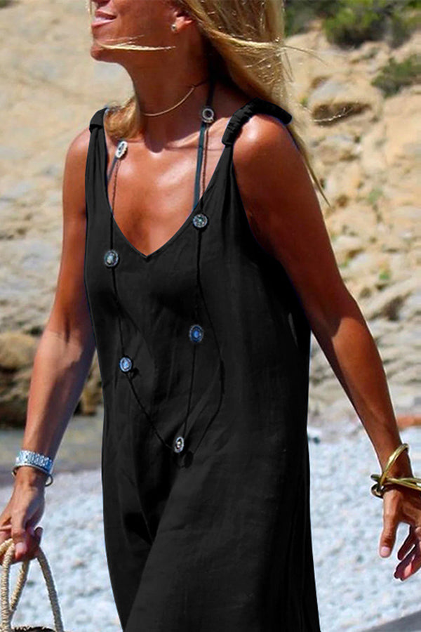 Solid V Neck Wide Leg Slip Jumpsuits - Fashionpara
